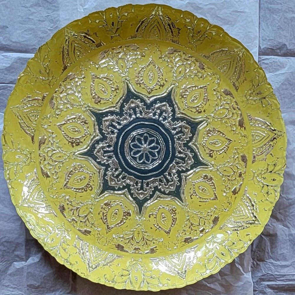 NEVER USED - Decorative Platter, Silver, Gray, Yellow, Silver on Back